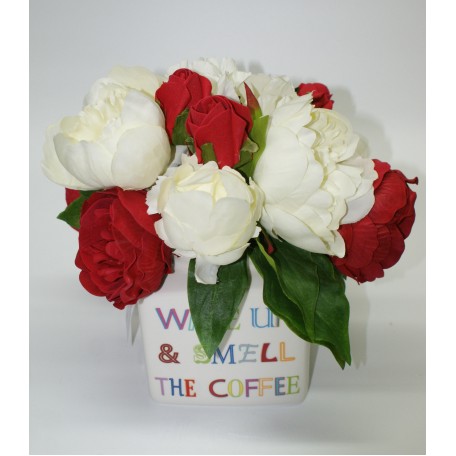 Ceramic Jar with Writing - Arranged using Red and White Peonies and Roses